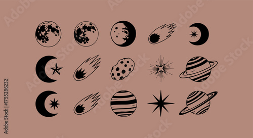 Collection of celestial and astronomical illustrations on a neutral background
