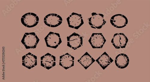 Collection of antique geometric seals and stamps on a textured background