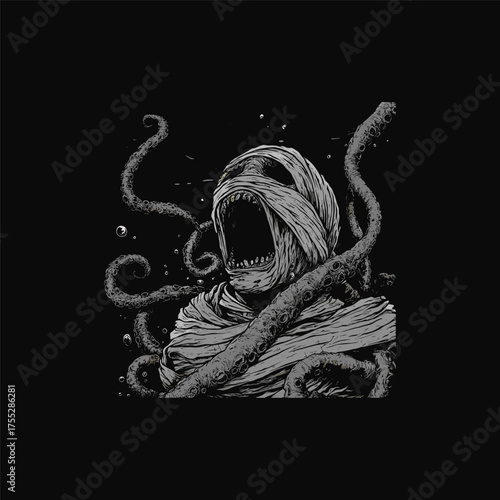 monochromatic horror illustration depicting a mummy screaming in terror, severely restrained by massive octopus tentacles