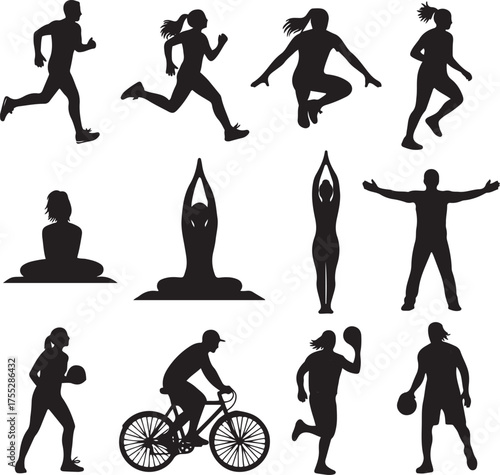 Flat Illustration Silhouettes of people doing various exercises and sports activities.