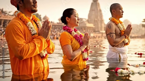 Hindu devotees performing a sacred ritual in the holy waters of the Ganges River at sunrise.