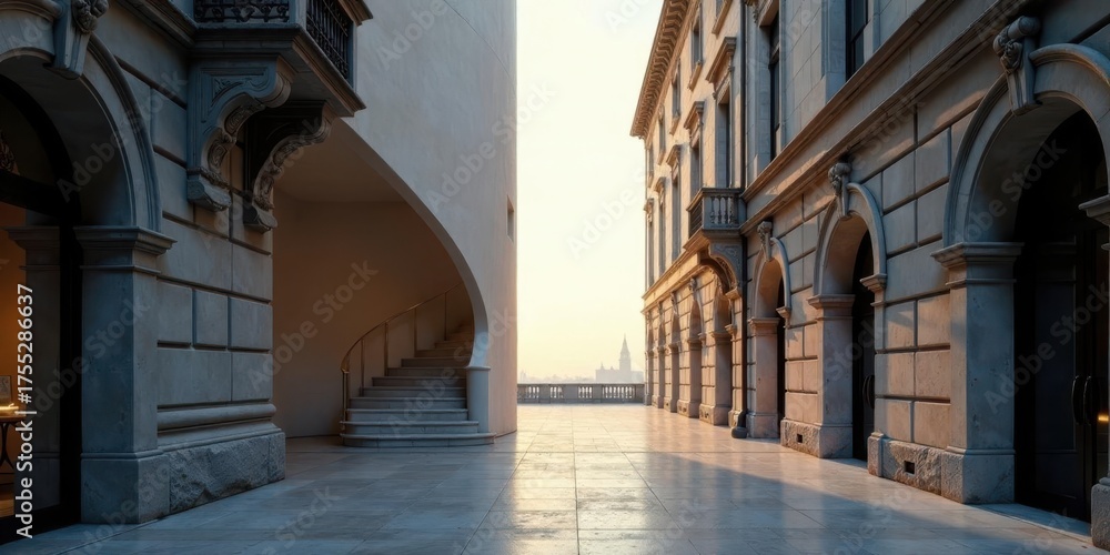 Fototapeta premium Serene Courtyard Architecture Sunlit Stone Pathways, Elegant Arcades, and a Graceful Staircase Leading to Tranquil Vista