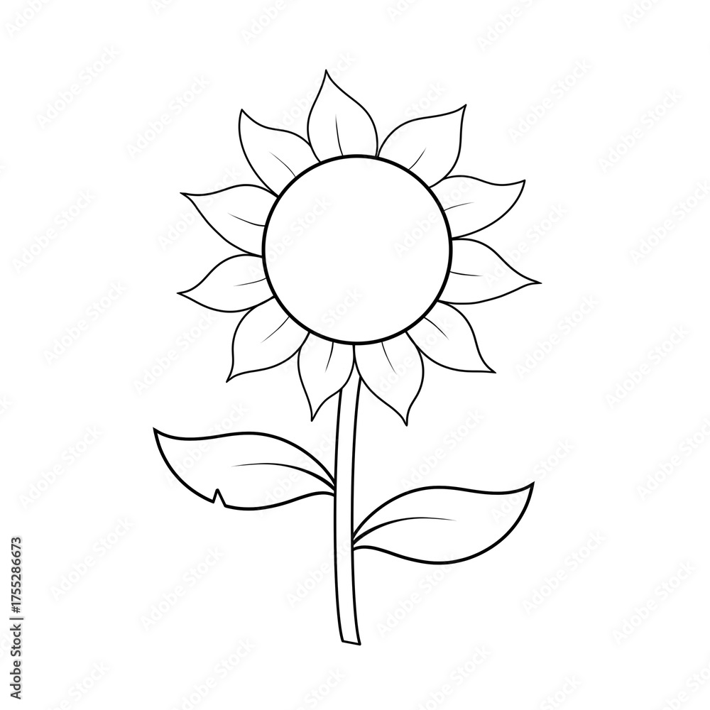 Fototapeta premium Sunflower with two leaves clip art hand drawn black and white