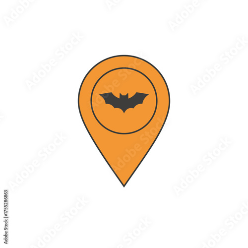 Minimalist Color Map Pin Icon with Bat Silhouette Center: Vector Graphic for Halloween Event Location, Spooky Geo-tagging, and Festive Navigation Concepts.