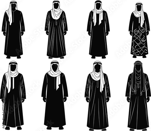 Middle Eastern clothing vector, traditional robe illustration, keffiyeh headwear design, cultural fashion, thobe outfit, black silhouette, ethnic costume art
