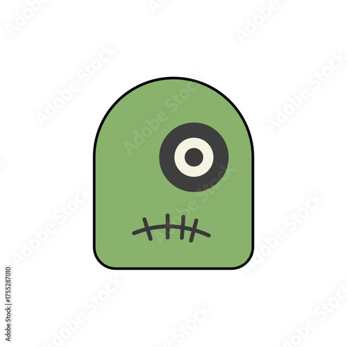 Cute Flat Design Green One-Eyed Zombie Monster Icon with Stitched Mouth: Vector Graphic for Halloween, Spooky Fun, Cartoon Character, and Horror-Comedy Concepts