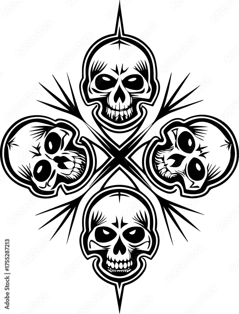 Fototapeta premium SVG vector of a skull and skeleton tattoo set against choir altars with a Halloween vibe. Intricate Black and White Skull Design with Sharp Edges and Detail