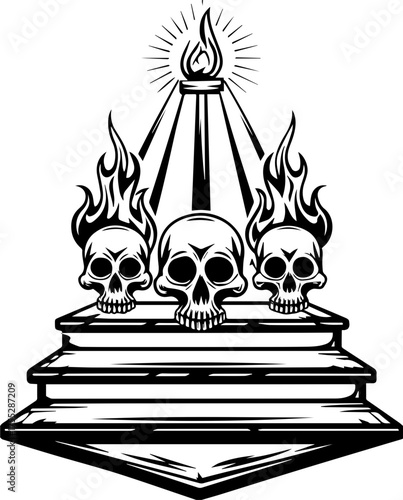 SVG vector of a skull and skeleton tattoo set against choir altars with a Halloween vibe. Artistic skull design with flames and pyramid on black background