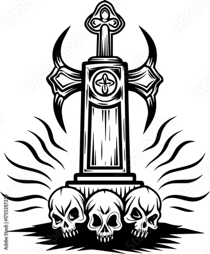 SVG vector of a skull and skeleton tattoo set against choir altars with a Halloween vibe. Black and White Illustration of Grave Stone with Skulls and Cross
