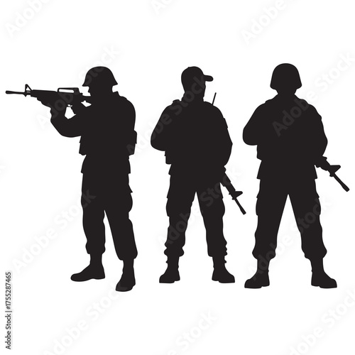 Silhouettes of soldiers standing and walking in a group