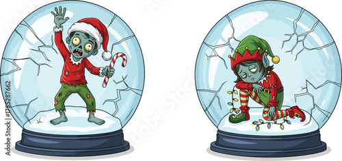 Creepy holiday snow globes with cracked glass featuring zombie Santa and sad elf tangled in Christmas lights, dark festive horror