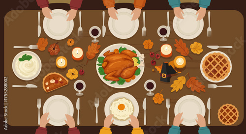Thanksgiving Dinner Table Vector Illustration — Traditional Holiday Feast with Roast Turkey, Pumpkin Pie, and Autumn Decor