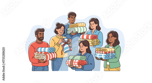 Diverse group of people holding blankets for charity.
