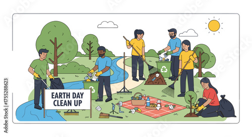 Diverse group of people cleaning up park for Earth Day.