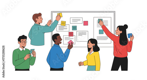 Diverse team collaborates on a project using sticky notes on a whiteboard.