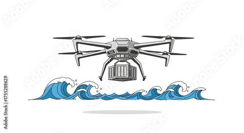 Drone delivering package over choppy ocean waves.