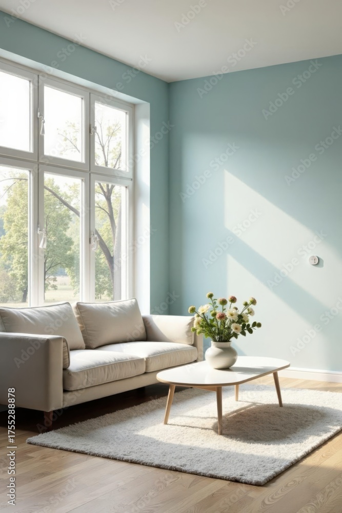 Fototapeta premium Serene living room with sunlight streaming through large window illuminating a light beige sofa and a minimalist coffee table with fresh flowers