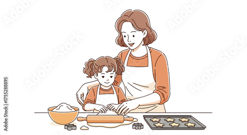 Mother and daughter baking cookies together in the kitchen.