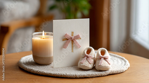 A tender scene with a baptism card featuring a pink ribbon cross, tiny knitted baby booties, and a lit candle on a woven mat, symbolizing new beginnings and blessings.