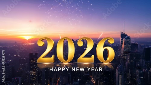 Golden 2026 New Year's Celebration Overlooking City Skyline at Sunset and Fireworks