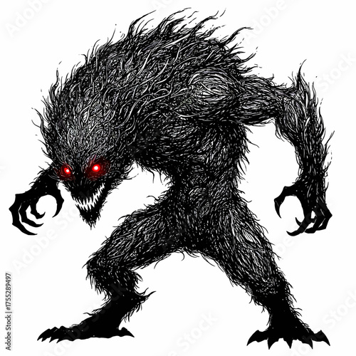 Vector art of a terrifying, dark, hairy monster with glowing red eyes and sharp claws, standing in a menacing pose