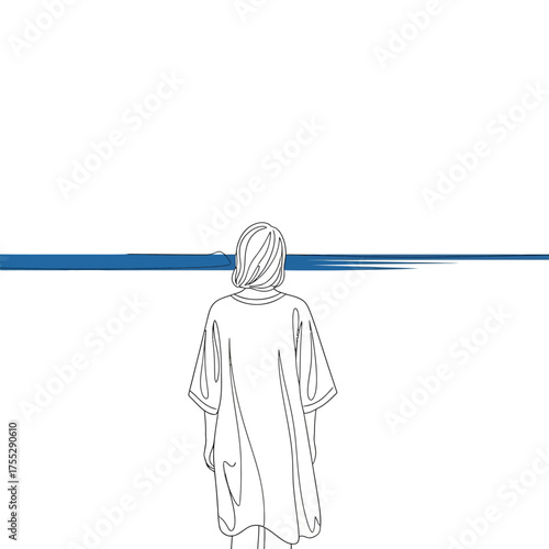 Vector art of a solitary figure stands with their back to the viewer, facing a bold blue horizontal line that divides the white space, creating a sense of contemplation, journey, or horizon