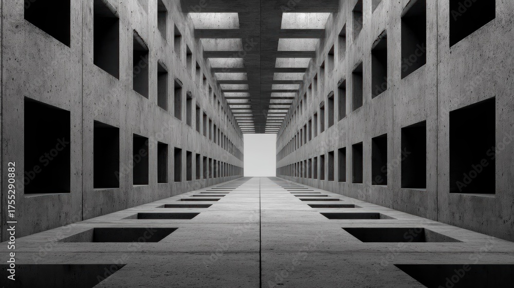 Fototapeta premium A long, narrow, empty corridor with concrete walls and a ceiling with rectangular windows. 