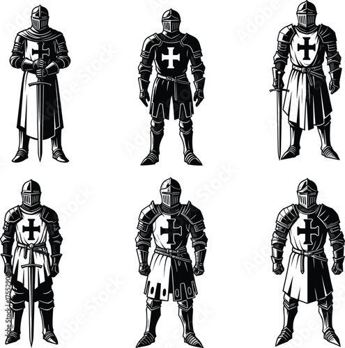 Medieval knight illustration, crusader armor, religious warrior, sword, helmet, cross symbol, historical costume, vector art, silhouette, battle pose