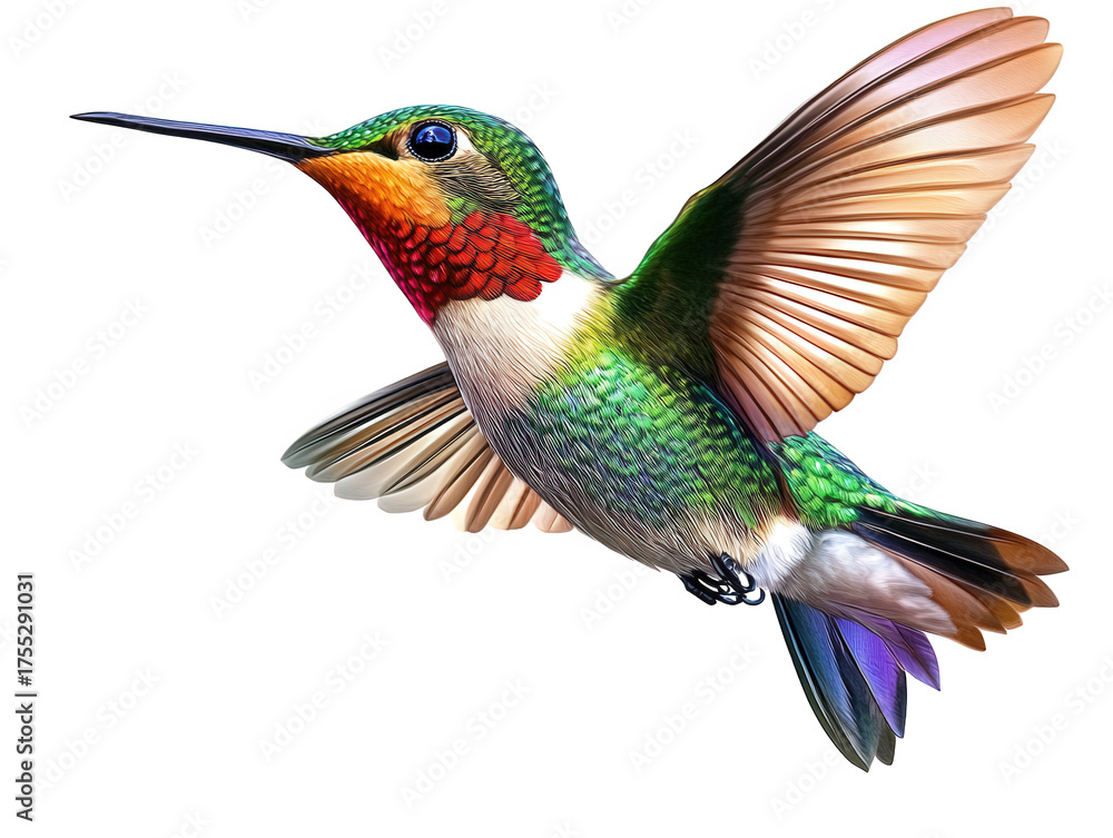 Fototapeta premium A radiant hummingbird, isolated on transparent background, hovers midair, its iridescent feathers shimmering with vibrant colors, capturing the essence of natures beauty