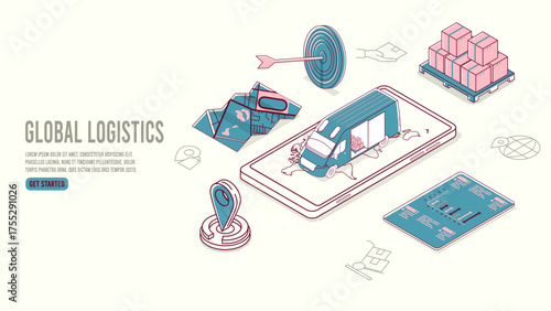 Logistic distribution service, covering aspects like cargo shipping, commercial transportation, online shopping order delivery, moving, post freight, and GPS mobile app functionality.