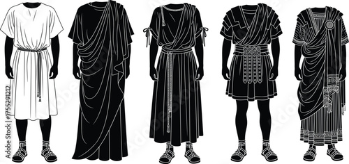 Ancient Roman clothing illustration, male costume vector, toga, tunic, senator, soldier, noble, citizen, historical fashion, cultural attire, silhouette