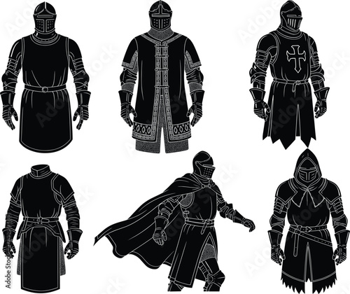 Medieval knight silhouette, armor illustration, helmet, cape, crusader, tabard, historical costume, vector art, warrior pose, battle gear, tradition