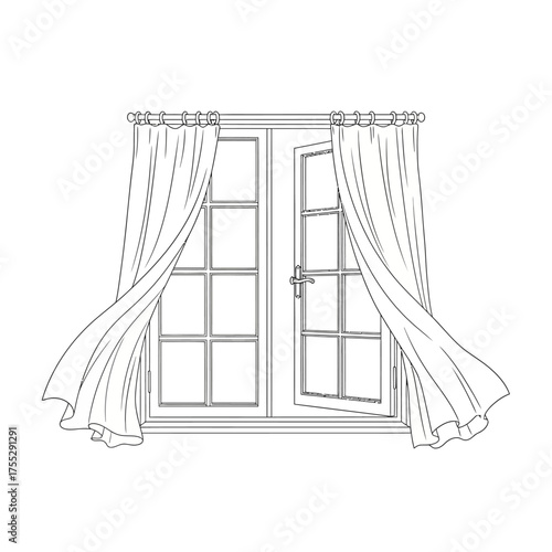 Vector art of open french doors with curtains blowing gently in the breeze, creating a sense of openness and fresh air