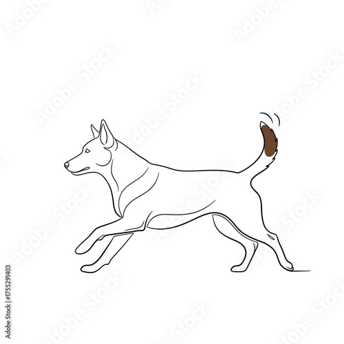 Vector art of a line art drawing of a dog in motion, with its tail wagging, isolated on a