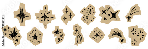 Grunge hand drawn star and sparkle sticker set. Textured doodle celestial elements with rough edges. Cutout paper scrapbook decoration in crayon modern style. Isolated vector illustration for design.