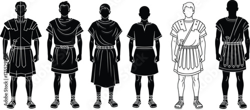 Ancient Roman male clothing, toga illustration, tunic fashion, historical costume, silhouette vector, cultural attire, sandals, pleats, belt, tradition