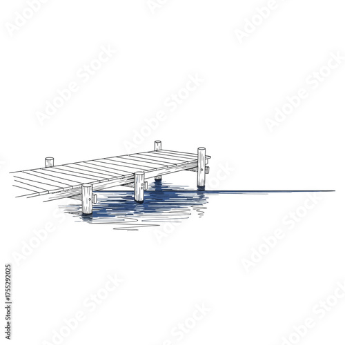 Vector art of a wooden dock extending into the water with a shadow