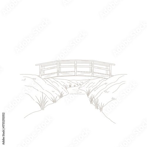 Vector art of a simple line drawing of a wooden bridge arching over a small stream or ditch, with grassy banks on either side