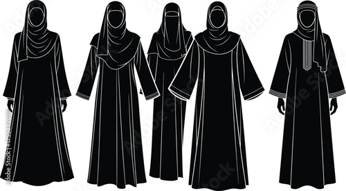 Muslim women illustration, abaya fashion, hijab, niqab, Islamic clothing, black robe, cultural attire, vector art, modest wear, tradition