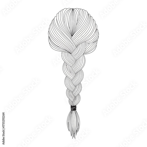 Vector art of a detailed line drawing of a long, braided hairstyle, tied at the end with a band, isolated on a, showcasing intricate strands and texture, suitable for beauty or fashion themes