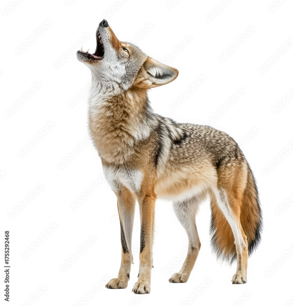 Fototapeta premium A coyote howling isolated on transparent background, showcasing its fur pattern and coloration, with its mouth open in a vocalization posture against a clean backdrop