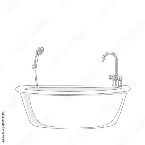 Vector art of a clean line art illustration of a freestanding bathtub with a shower head and faucet, presented isolated on a, ideal for bathroom renovation and plumbing services