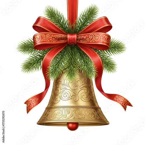 Golden christmas bell with red ribbon and pine sprigs festive holiday decoration