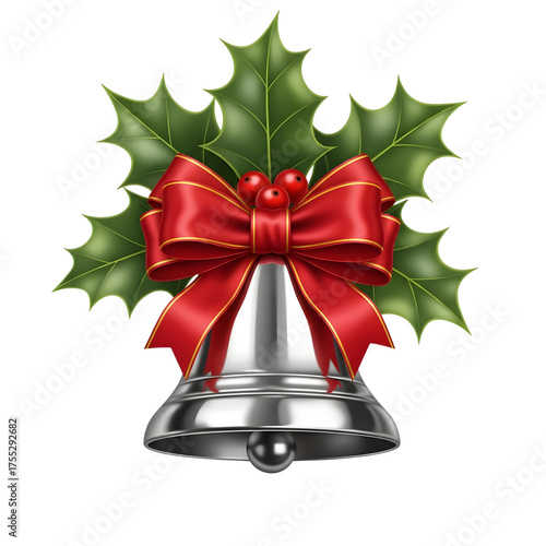 Festive silver christmas bell adorned with a shiny red bow and green holly leaves