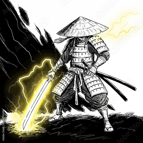 Vector art of a samurai warrior in traditional armor stands amidst a storm, wielding a katana crackling with yellow lightning, embodying power and combat readiness