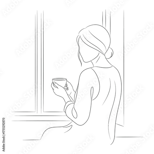 Vector art of minimalist line art illustration of a woman holding a cup of coffee or tea, looking out of a window, evoking a sense of calm and contemplation
