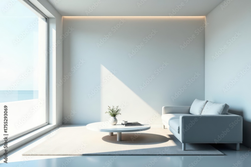 Fototapeta premium Serene Minimalist Living Room with Ocean View and Sunlight Accentuating the Space