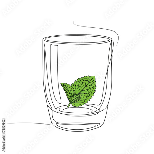 Vector art of a single green mint leaf rests inside a clear glass, isolated on a, symbolizing freshness, refreshment, and natural ingredients for beverages and culinary uses