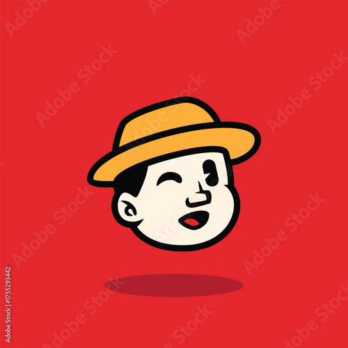 Cartoon face of a surprised boy wearing a yellow hat and open mouth expression. Bold flat vector illustration on red background. Perfect for mascot, emoji, or comic character design