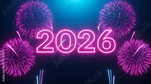 A festive digital illustration of the year 2026 with bright pink neon text and fireworks